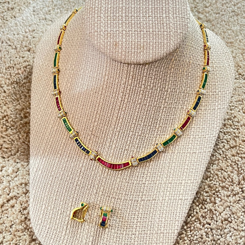 18k yellow gold ruby,emerald,sapphire baguette choker and earrings set